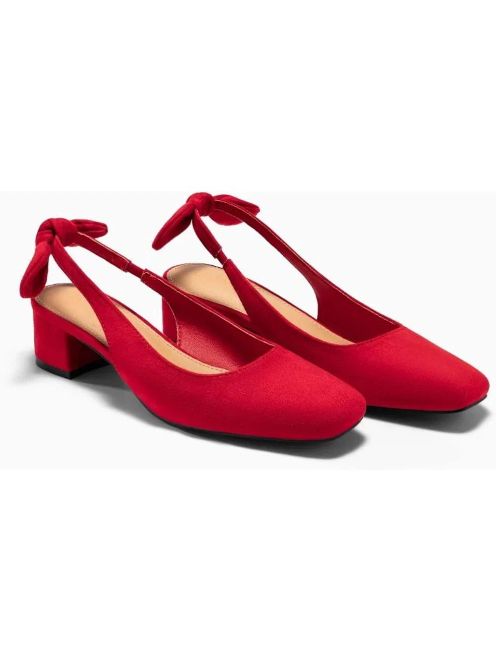 Women's Red Faux Suede Chunky Low Heels Bow Slingback Closed Square Toe Pumps